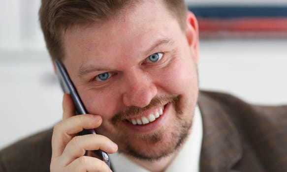 Handsome smiling businessman talk cellphone in office portrait. Stay in touch solution negotiate meeting job white collar busy life style electronic device store professional training concept