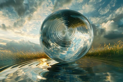 A transparent glass sphere with a reflection of the sky and grass on the water surface. Environment concept.