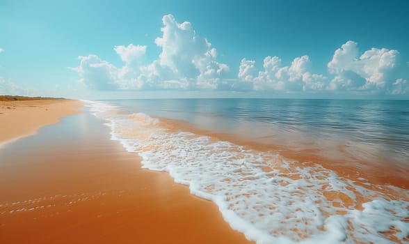 Ocean waves washing up on a sandy beach under clear sky.