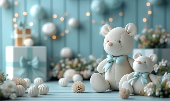 A white teddy bear sitting on top of a table.