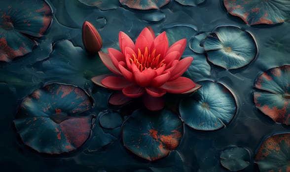 A vibrant lotus amid dark waterlily pads.
