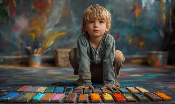 Child surrounded by paints in an art workshop