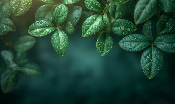 Water drops cling to vibrant green leaves in close-up shot.