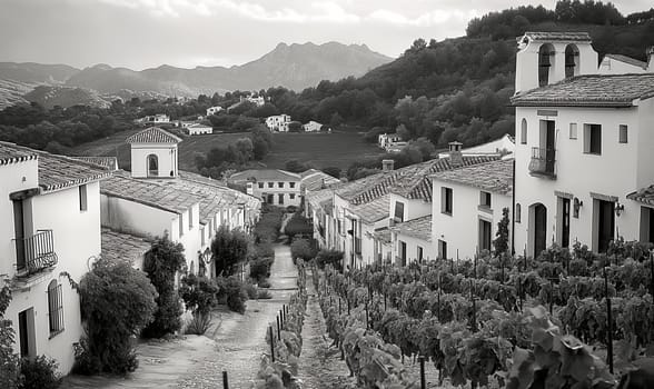 Cobblestone road winding through tranquil village