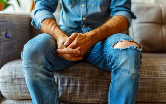 Hands folded, a man in blue denim sits absorbed in contemplation on a patterned couch. His posture and expression convey a sense of deep reflection.