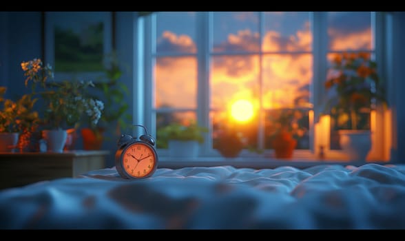 A clock placed on a bed near a window in a room.
