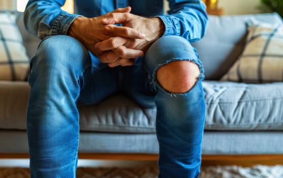 Close-up of a man's knee in ripped blue jeans, highlighting a trendy fashion detail while seated on a couch. The focus on the torn denim fabric speaks to a relaxed, urban style