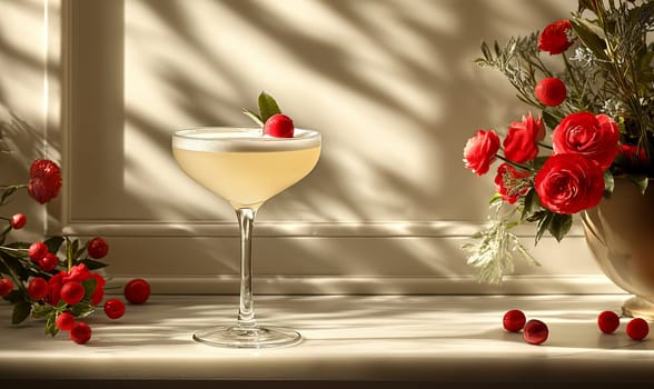 Cocktail and roses bathed in soft sunlight.