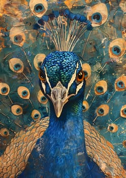 A painting of a peacock, a member of the Phasianidae family in the Galliformes order. Known for its vibrant electric blue feathers and adaptation for display