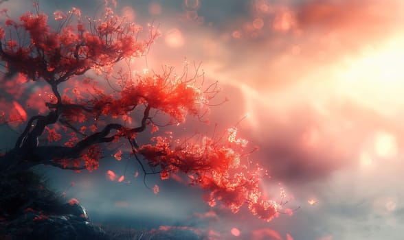 Tree with red leaves illuminated by sunlight.