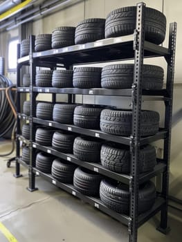 A professional service garage showcases a systematic storage of black car tires on sturdy shelves, emphasizing a well-maintained and orderly automotive environment
