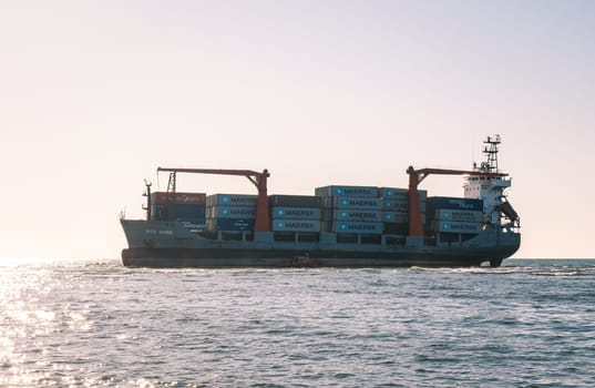 Container cargo ship stands aground after a storm.