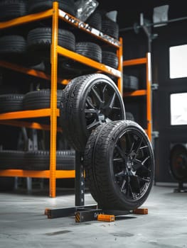 A single black tire stands on a minimalist yellow display stand, creating a striking visual in an automotive workshop, with a focus on the tire's design and tread