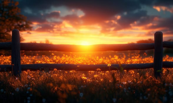 Sun setting behind horizon, casting warm light on field of assorted colorful flowers.