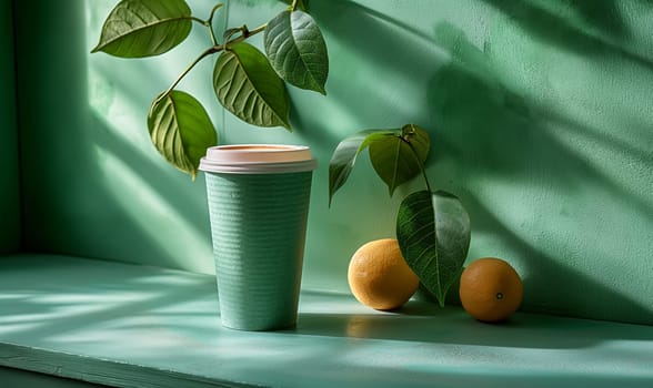 A coffee cup and two oranges placed on a window sill.