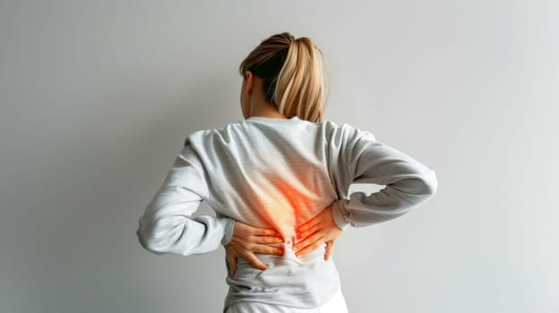 The photograph captures a woman in grey, clutching her back in pain against a neutral background, highlighting the struggle with chronic back pain.