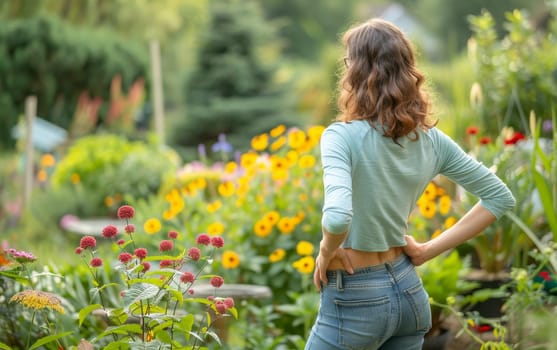 A thoughtful woman stands in a serene garden, her gaze directed away as she contemplates her surroundings. The setting sun illuminates the lush landscape and the bright sunflowers behind her.