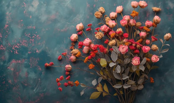 A bouquet of roses and foliage against a backdrop.