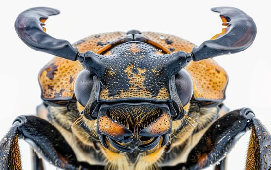 Macro view of a Goliath beetle from the front, displaying its powerful mandibles and the striking shield-like structure of its head. The complexity of its form is rendered in exquisite detail.