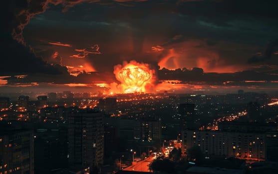 A retro-style image depicts an intense explosion over a cityscape at night, creating an atmosphere of science fiction and historical drama.
