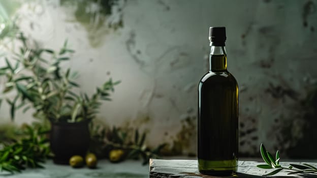 Olive oil bottle ad background with copyspace, vegetable oil commercial produce, food industry and retail concept