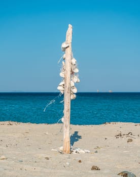 A wooden post adorned with shells stands on an empty sandy beach. The calm blue ocean water is visible in the background, and the sky is clear and blue, indicating a bright summer day.