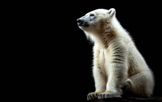 A polar bear cub stands in profile against a stark black background, its posture reflecting solitude and a silent plea for the protection of its kind.