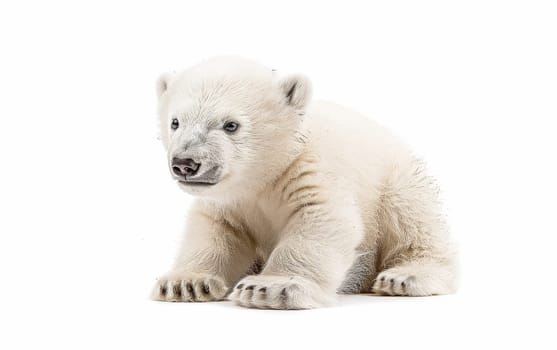 A polar bear cub lies comfortably against a white background, its innocence and vulnerability on full display. The cub's soft fur and relaxed posture create an image of peacefulness and playfulness