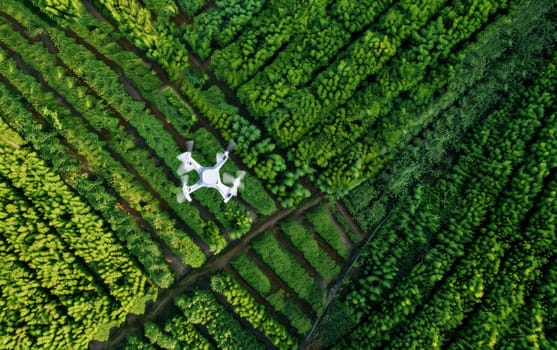 A bird's-eye view of a drone flying over cultivated fields, showcasing the intersection of modern technology with traditional agriculture. The vivid green hues speak to fertility within the farmland