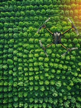 An aerial perspective shows a drone hovering above a dense green forest, with the rich canopy stretching out beneath. This highlights the role of drones in forest management and conservation efforts.