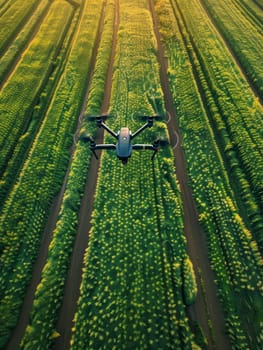 A drone surveys the lush, sunlit crop fields, capturing the essence of modern agriculture and effective land management. Organized rows exemplify careful cultivation and farming efficiency