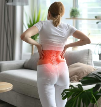 An individual stands with their back to the viewer, pressing on their lower back where an illustration of a spine glows red, suggesting pain. The home setting adds a personal touch to health concept
