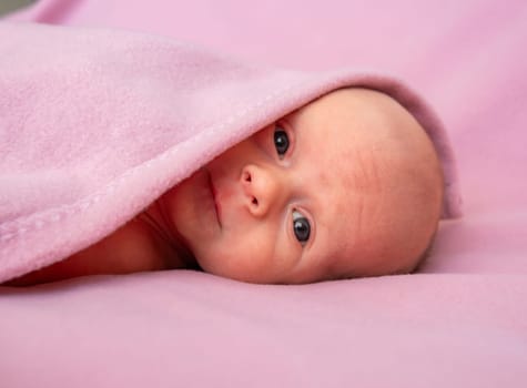 A newborn baby is comfortably wrapped in a soft pink blanket, gazing curiously at the surroundings.