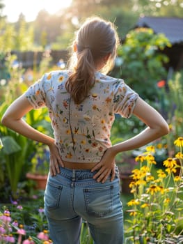 A young woman stands amidst a lush garden at sunset, her hands resting gently on her hips. The warm light highlights the floral pattern of her shirt, casting a peaceful aura.