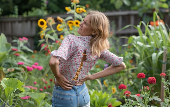 A woman grimaces in pain, clutching her back amidst a burst of garden blooms. The tension in her posture contrasts with the tranquil setting of her colorful, flower-filled environment.