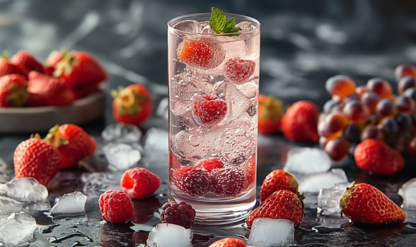 A glass filled with ice cubes and fresh strawberries on a wooden table.
