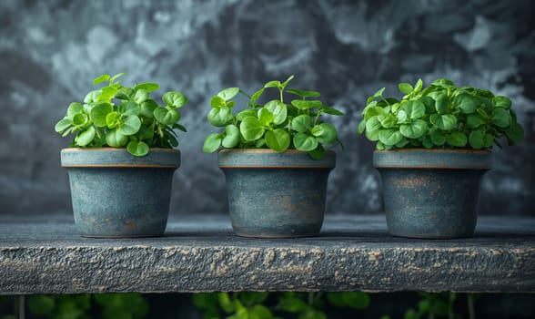 Three lush basil plants arranged on a shelf.