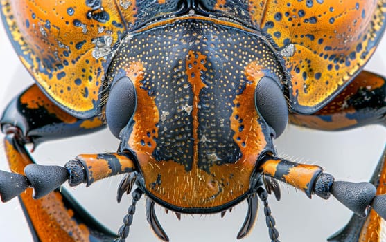 Macro shot of a Goliath beetle showcasing the intricate details and textures of its head and antennae. The image highlights the stunning patterns and natural armor of the insect.