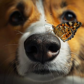 A painted lady butterfly sits gently on a corgi dog's snout, its intricate wings contrasting with the dog's soft fur. Both subjects are in sharp focus against a soft background.