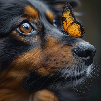 A butterfly rests on the snout of a watchful dog, their eyes reflecting an understanding beyond words. The contrast of wild wing patterns and domestic calm tells a deeper story.