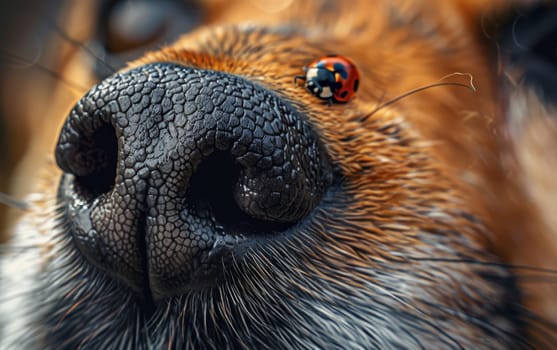 On the journey of its glossy back, a ladybug explores the vast landscape of a dog's snout, a world of textures and shades. The tiny traveler adds a pop of color to the canine's muted tones.
