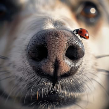 A ladybug ventures across the snout of a dog, its red and black shell standing out against the dog's textured skin. The image captures a charming interaction in nature.