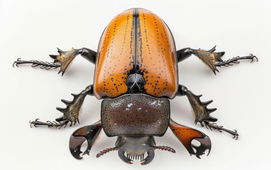 The Hercules beetle is presented in full splendor, its golden shell and intricate patterns highlighted against a stark white background.