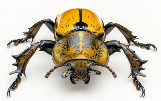 The Hercules beetle is presented in full splendor, its golden shell and intricate patterns highlighted against a stark white background.