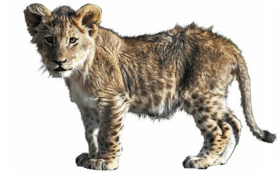 A young lion cub stands alert on a white background, its spotted fur hinting at its wild lineage and future strength.