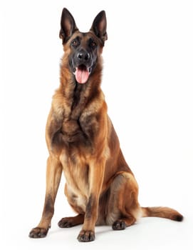 A Belgian Shepherd sits attentively against a white background, its tongue out in a pant, showcasing the breed's intelligence and alertness.