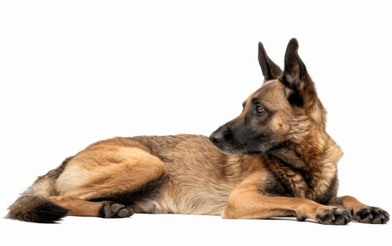 A Belgian Malinois dog lies down gracefully on a white background, its gaze fixed off-camera, embodying both the breed's elegance and attentiveness.