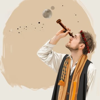 An artistic rendering of a man with a floral crown looking through a telescope, against a backdrop of abstract shapes and splashes, representing curiosity and the pursuit of knowledge.