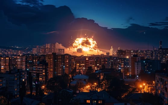 An explosion erupts in an urban environment at dusk, the fiery glow casting a haunting light over the city buildings, suggesting urgency and danger.