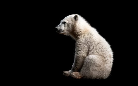 A polar bear cub stands in profile against a stark black background, its posture reflecting solitude and a silent plea for the protection of its kind.